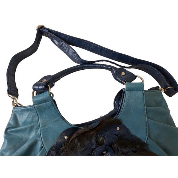 GG..ing Blue Flower with Feathers Crossbody Shoulder Bag Adjustable Faux Leather - Picture 3 of 16